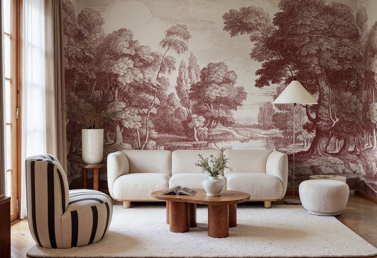 Etching Park wall mural by Rebel Walls in Red – Burgundy, styled room