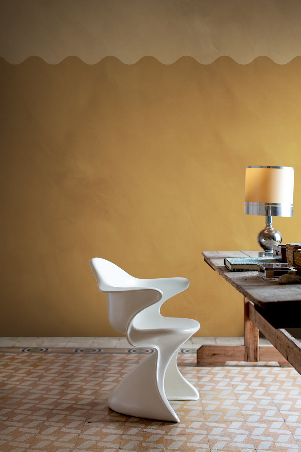 Wave Border wall mural by Rebel Walls in Yellow, styled room