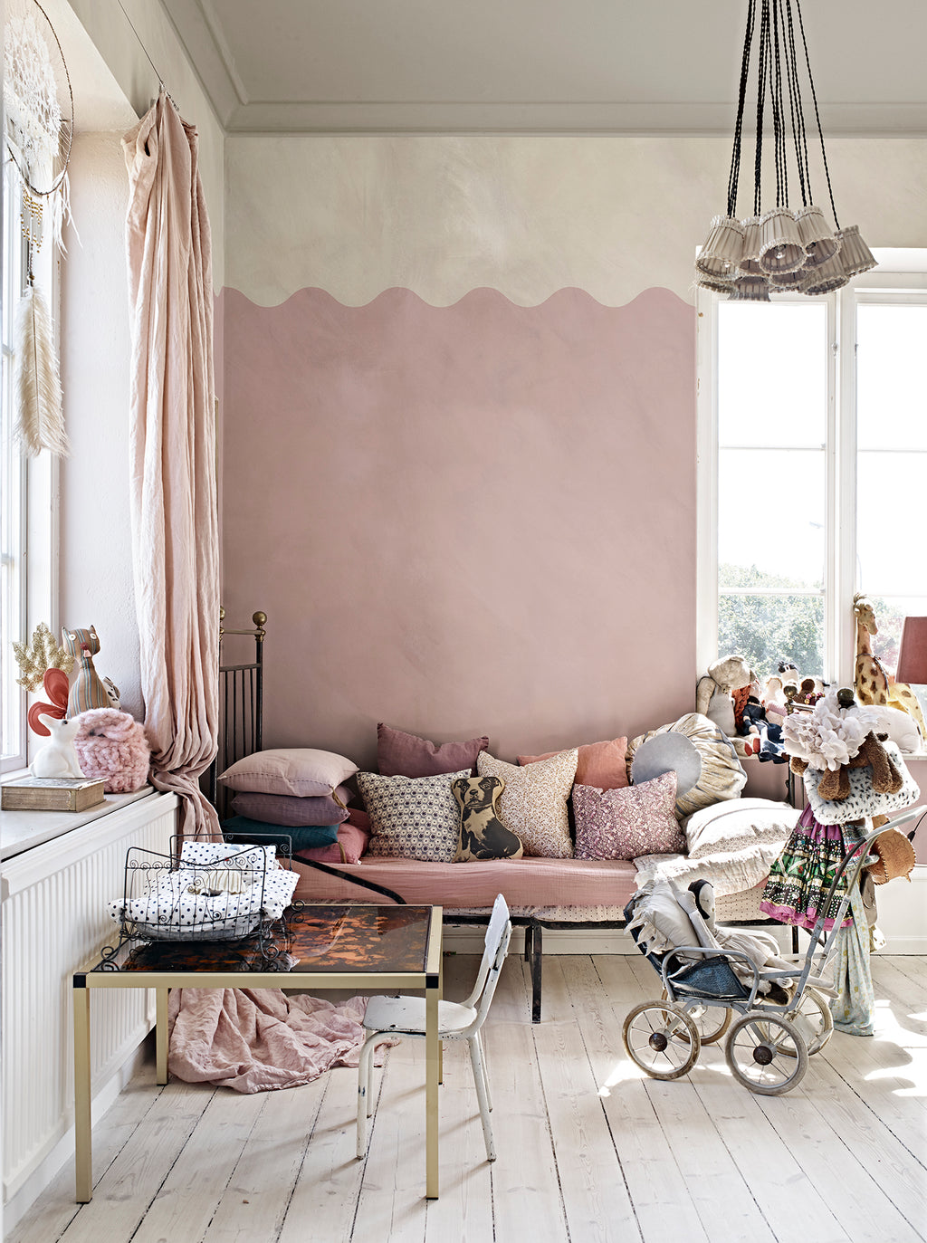 Wave Border wall mural by Rebel Walls in Pink, styled room