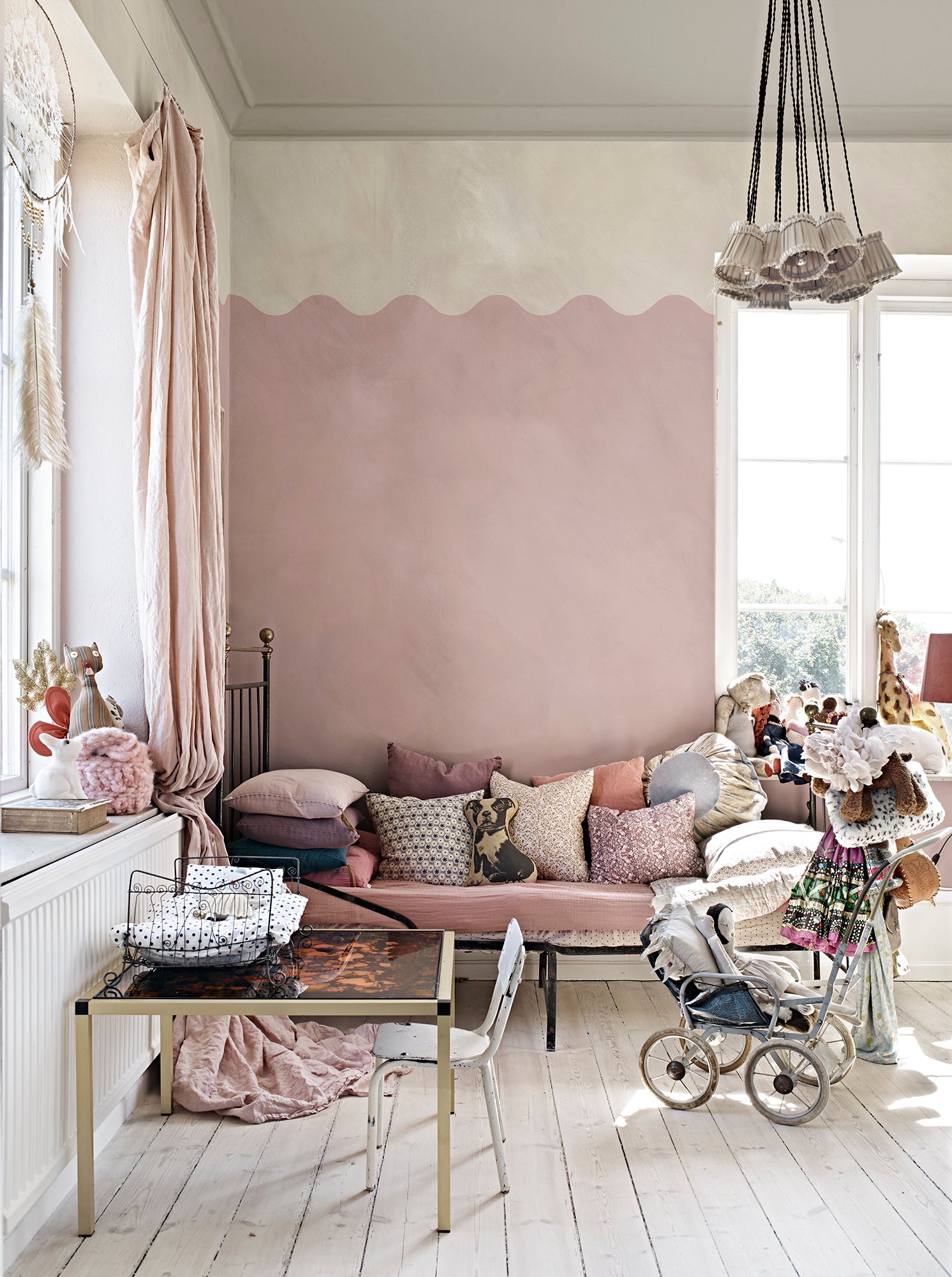 Wave Border wall mural by Rebel Walls in Pink, styled room