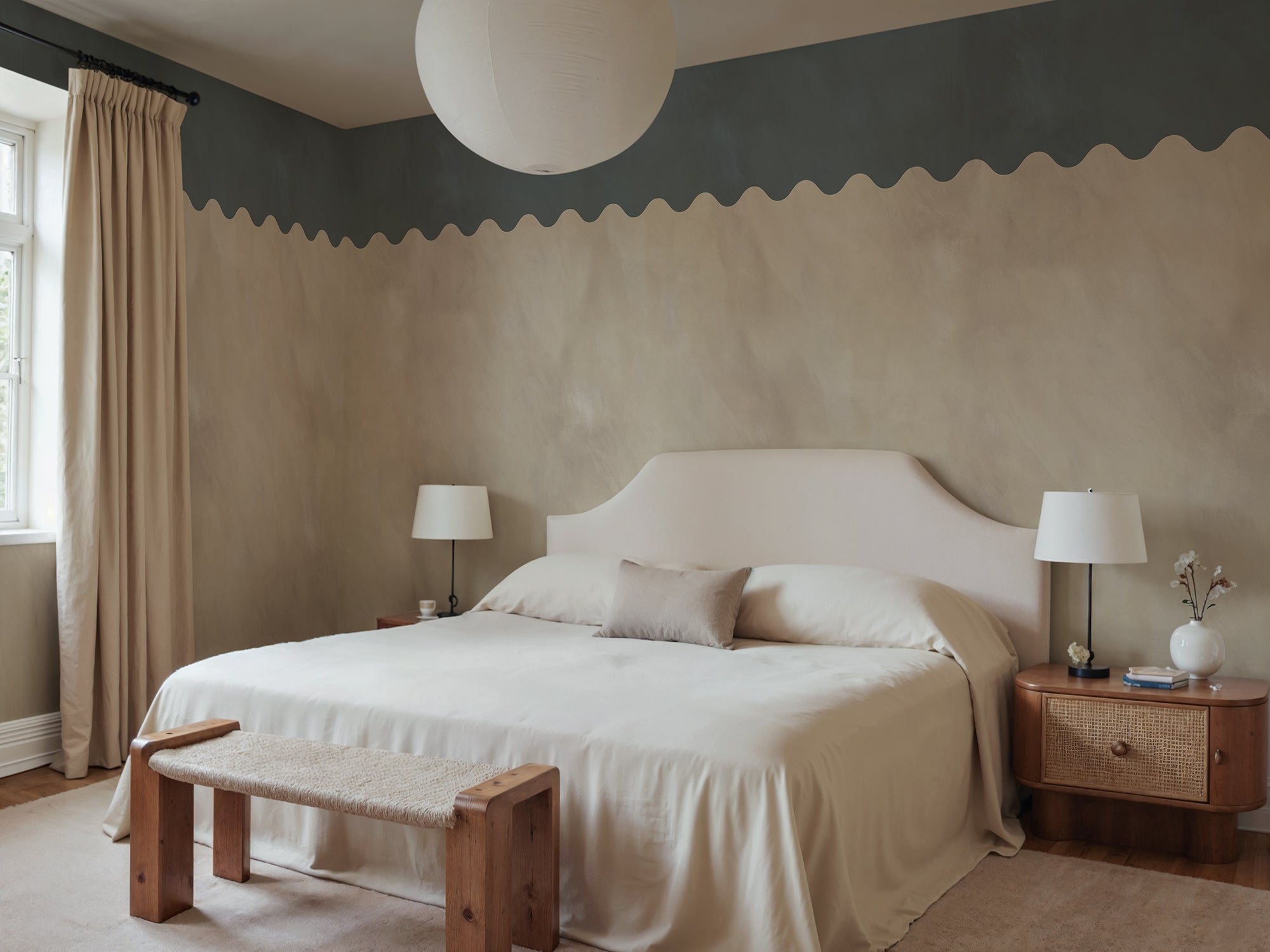 Wave Border wall mural by Rebel Walls in Blue – Misty Blue, styled room
