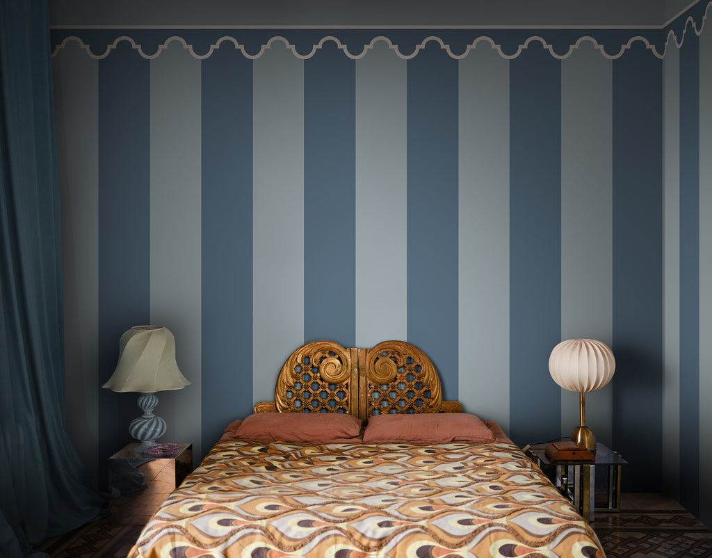 Stripe Chateau wall mural by Rebel Walls in Blue, styled room