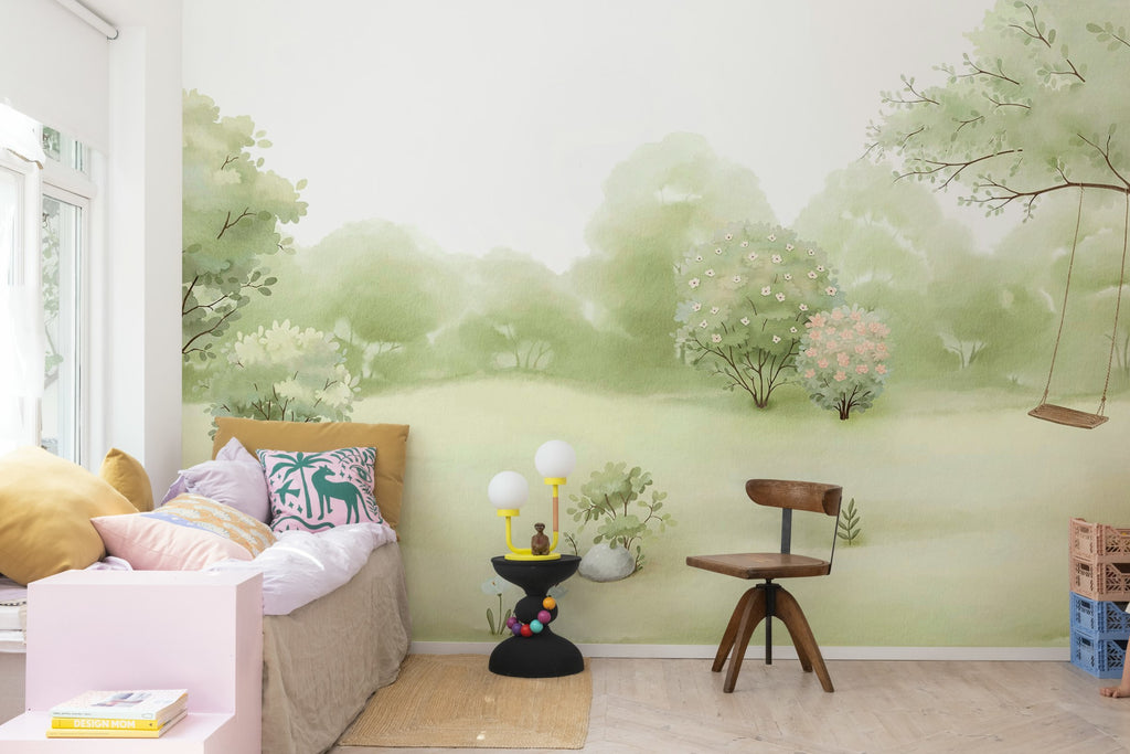The Garden wall mural by Rebel Walls in Green, styled room