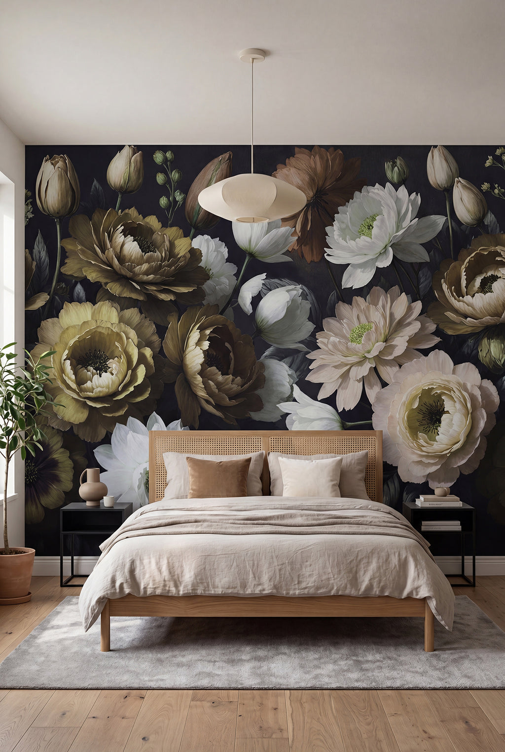 Bouquet in Bloom wall mural by Rebel Walls in Yellow, styled room