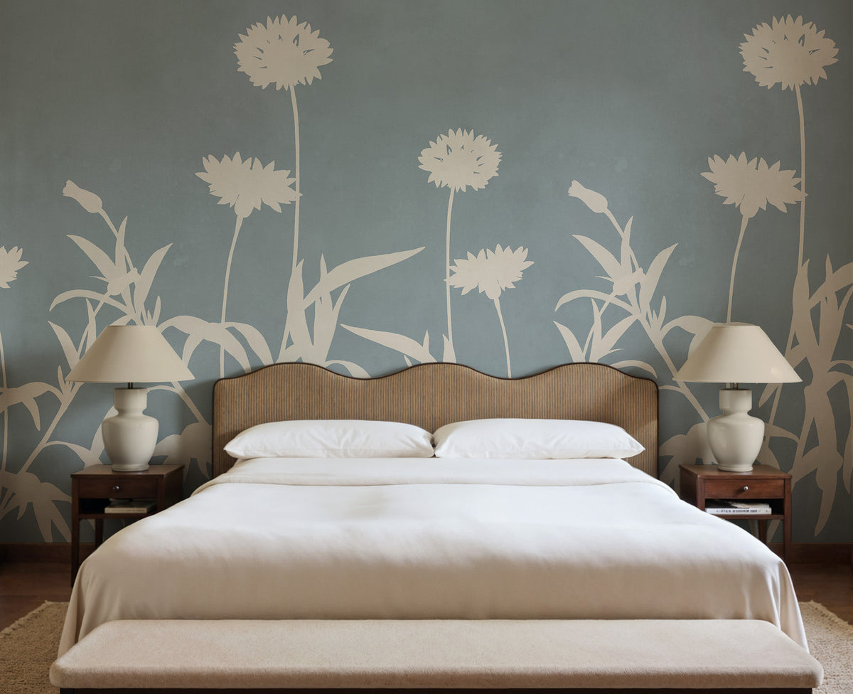 Floral Silhouette wall mural by Rebel Walls in Blue, styled room