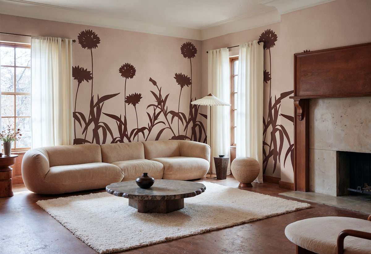 Floral Silhouette wall mural by Rebel Walls in Pink, styled room