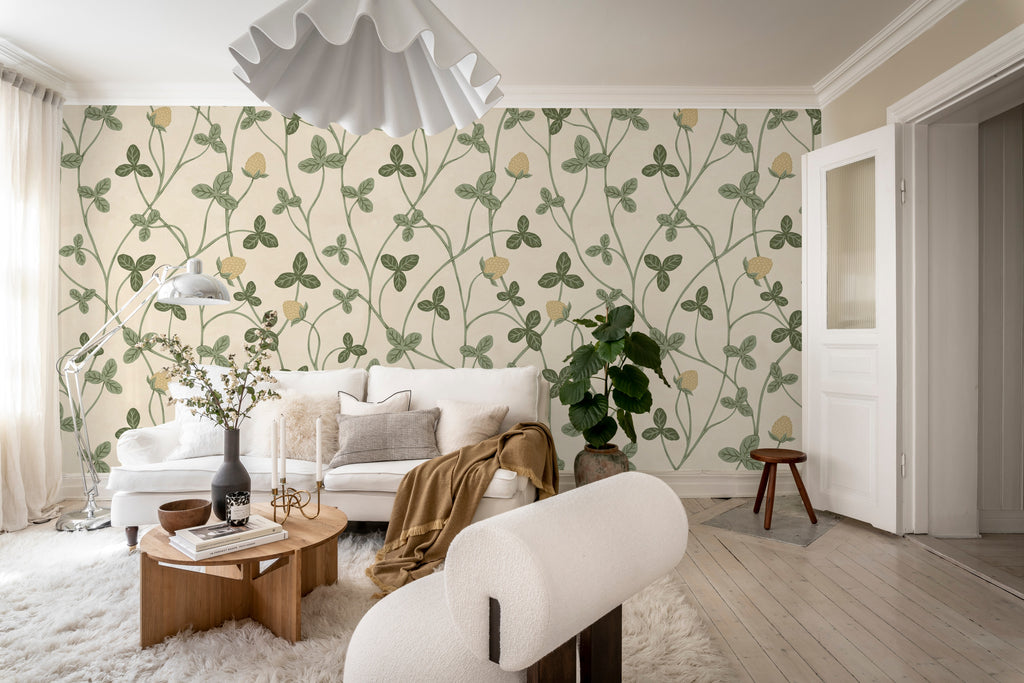 Clover Bloom wall mural by Rebel Walls in Sage Green, styled room