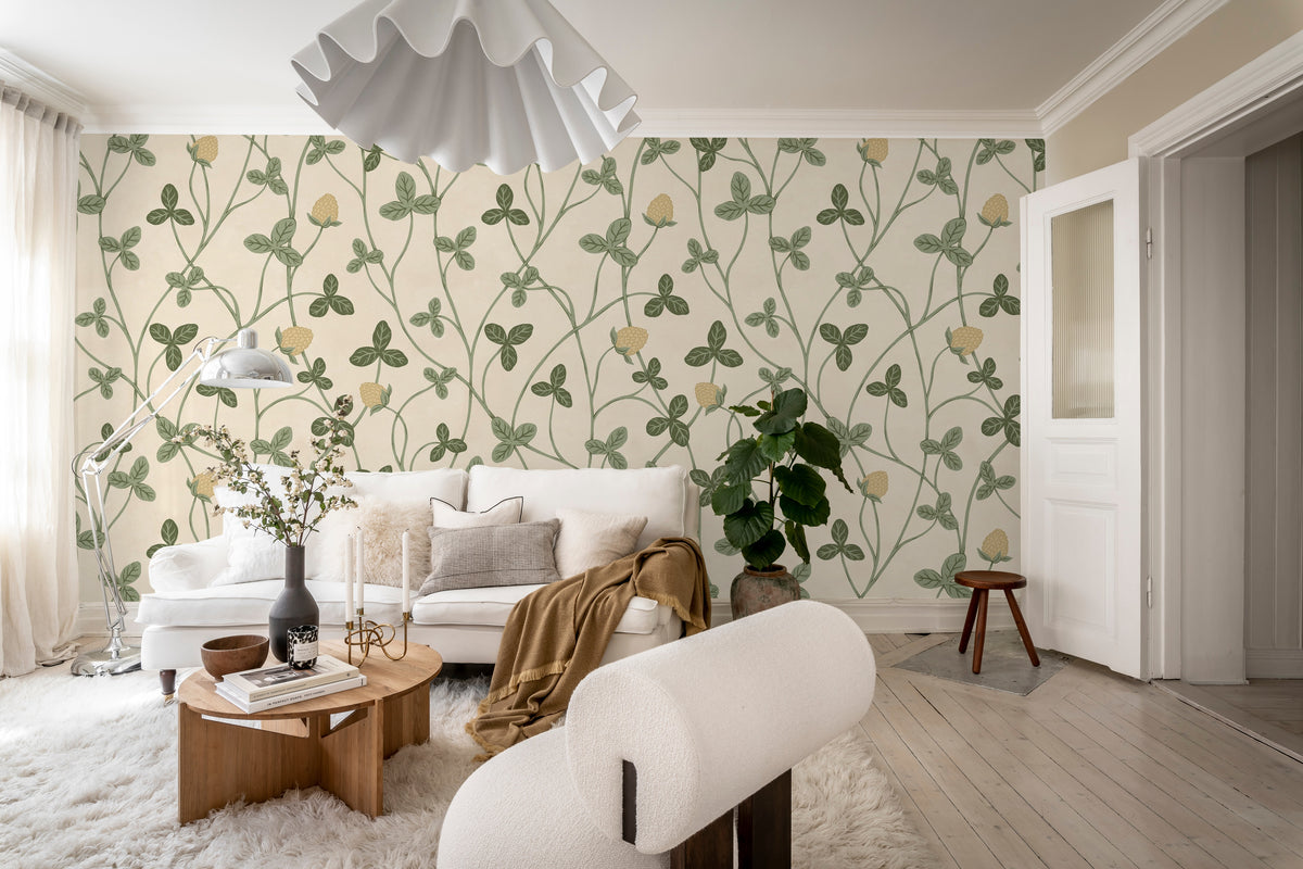 Clover Bloom wall mural by Rebel Walls in Sage Green, styled room
