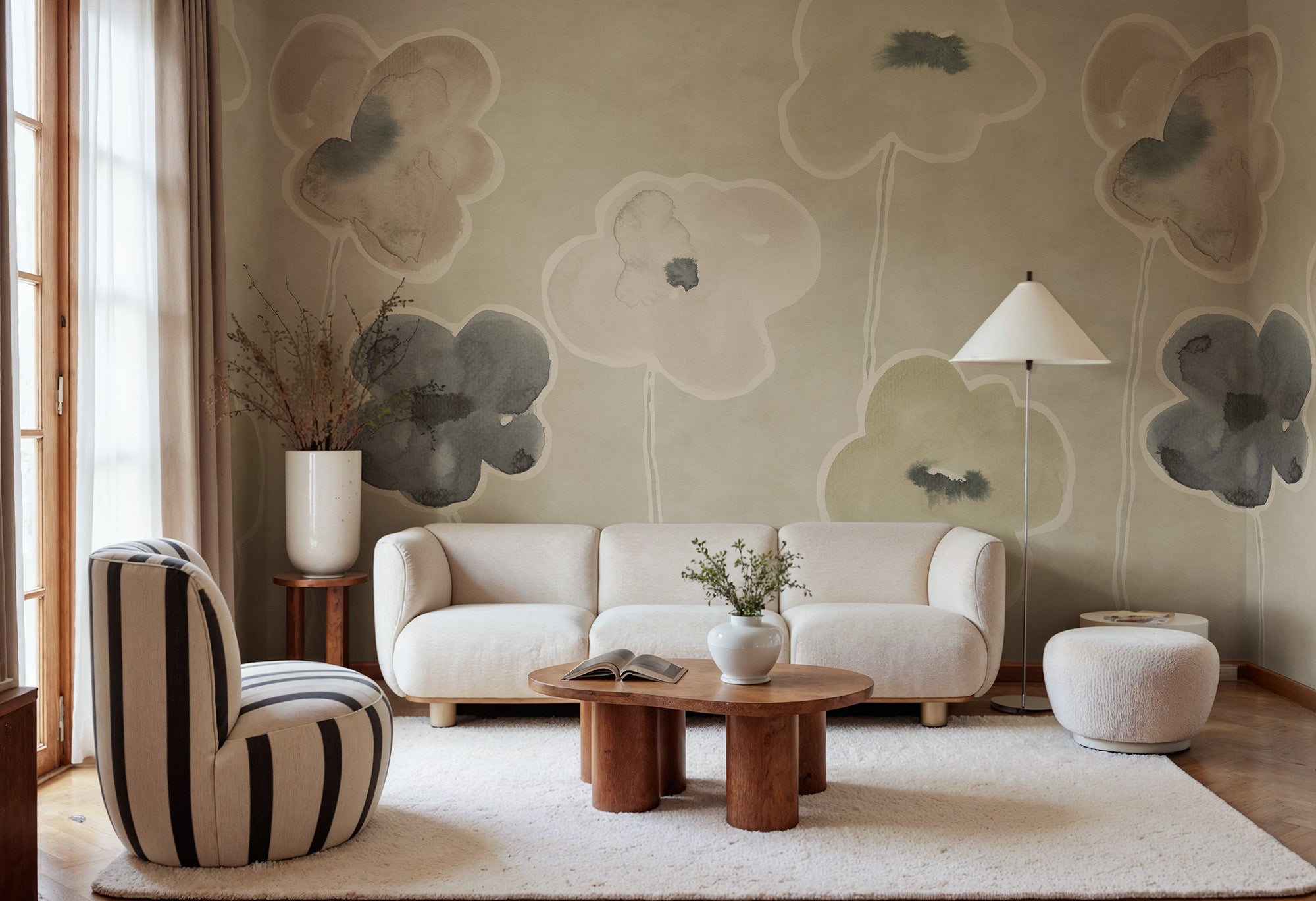 Paper Poppies wall mural by Rebel Walls in Beige, styled room