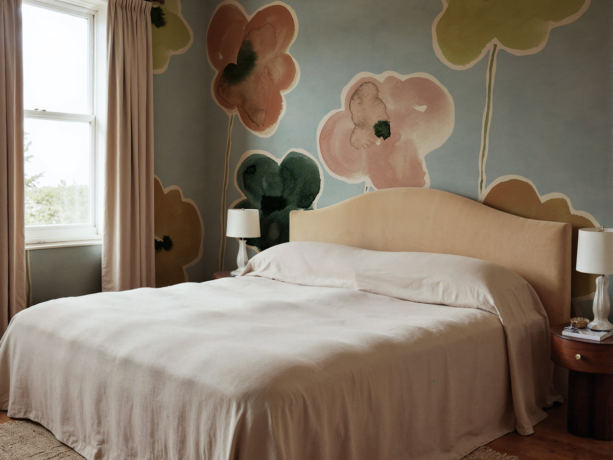Paper Poppies wall mural by Rebel Walls in Blue, styled room