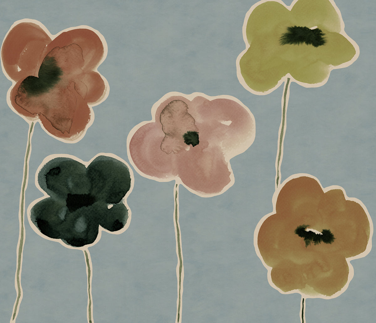 Paper Poppies wall mural by Rebel Walls in Blue, flat swatch