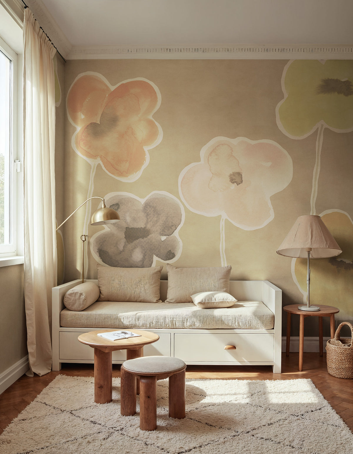 Paper Poppies wall mural by Rebel Walls in Taupe, styled room