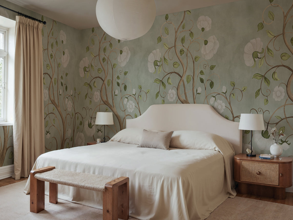 Big Poem wall mural by Rebel Walls in Green, styled room
