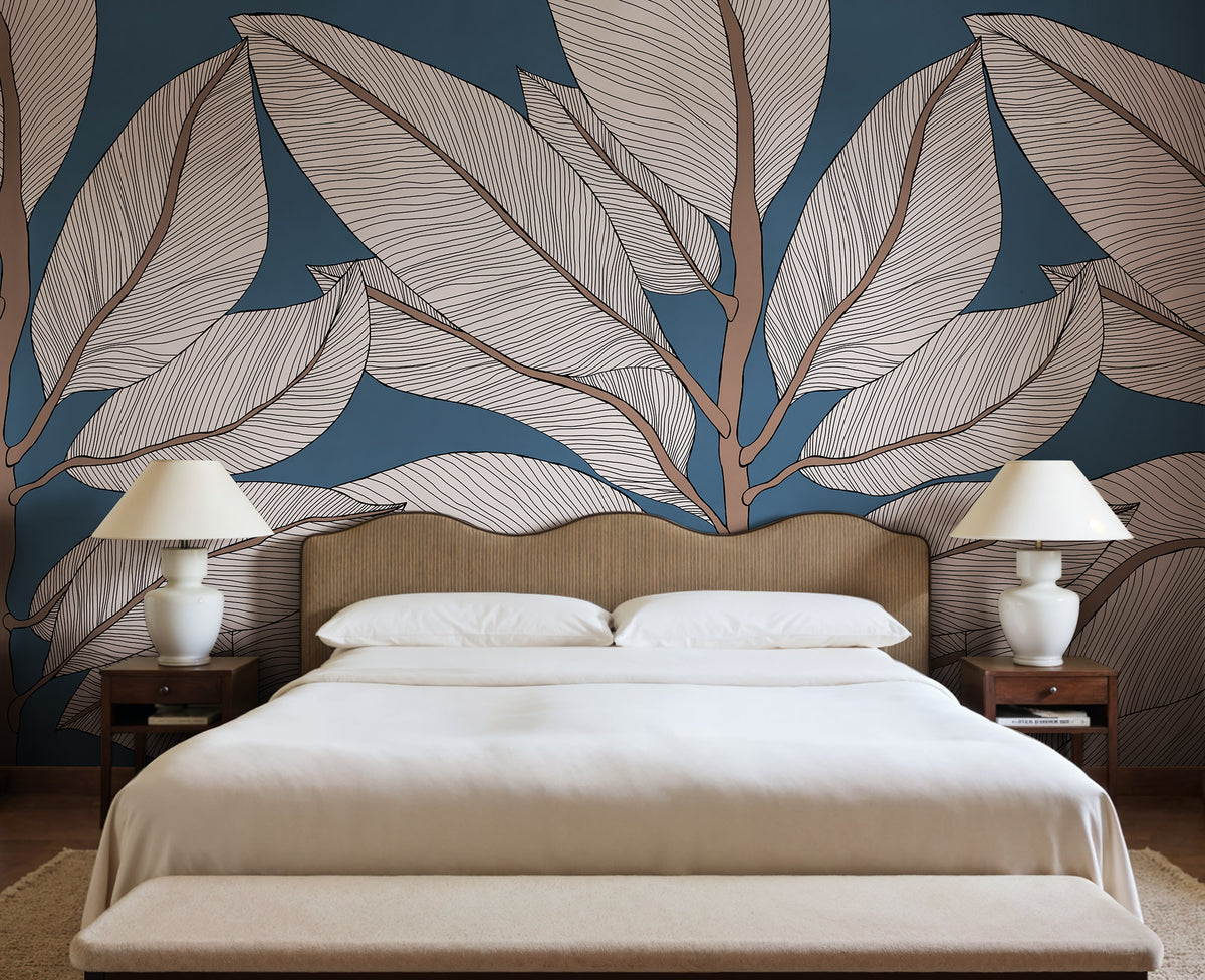 Ruby Lines wall mural by Rebel Walls in Blue – Dark Blue, styled room