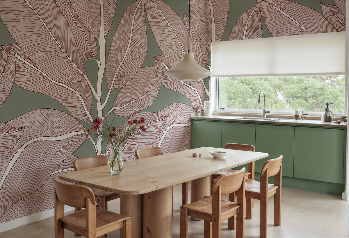 Ruby Lines wall mural by Rebel Walls in Green, styled room