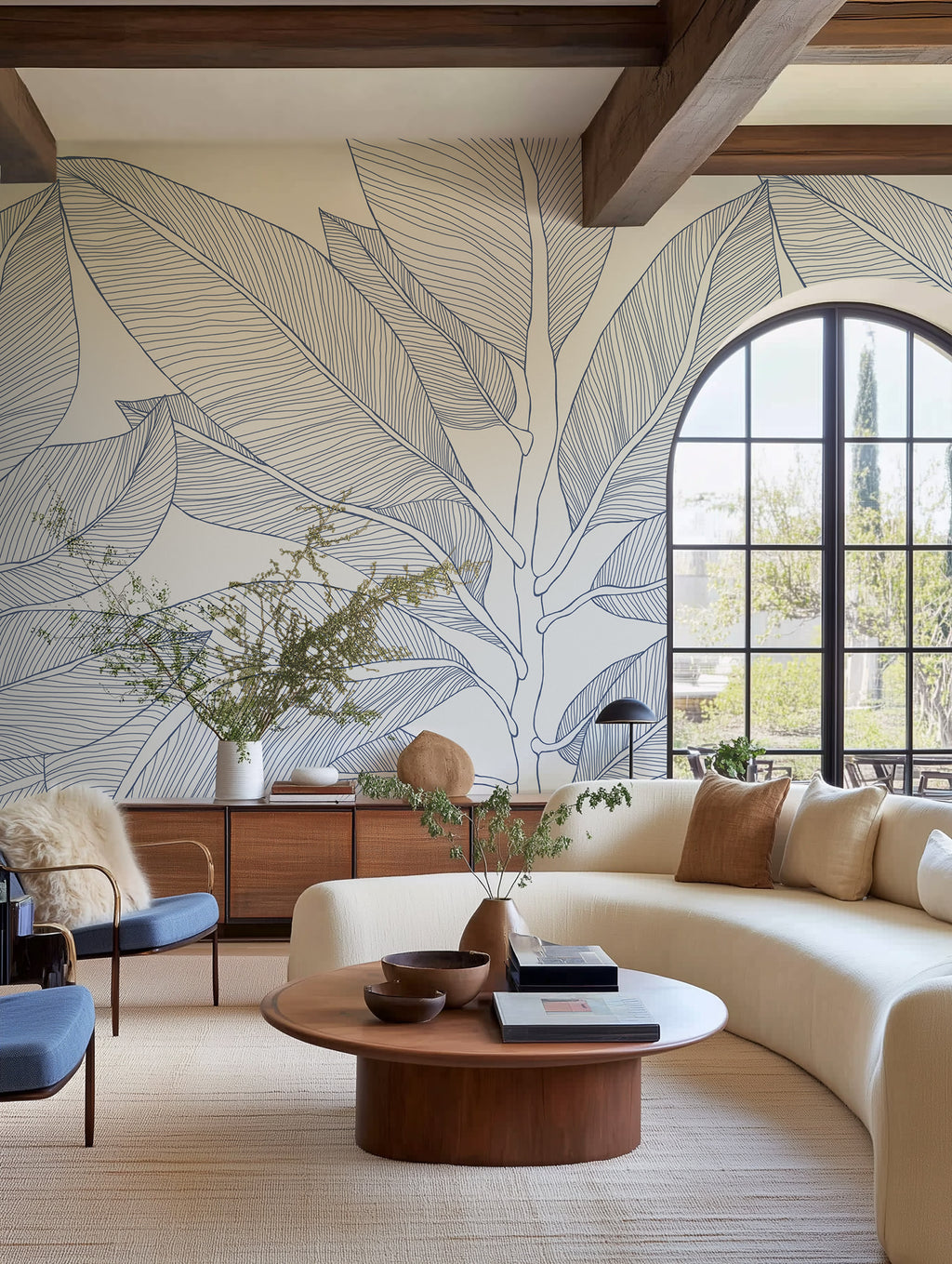 Ruby Lines wall mural by Rebel Walls in Blue, styled room