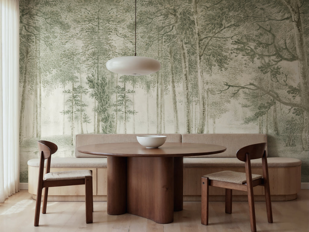 Lovers Forest wall mural by Rebel Walls in Green – Light Green, styled room