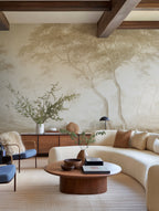 The Green Forest wall mural by Rebel Walls in Beige, styled room