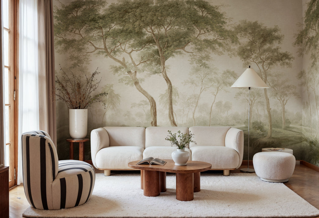 The Green Forest wall mural by Rebel Walls in Green, styled room – styled in a room setting, view 2