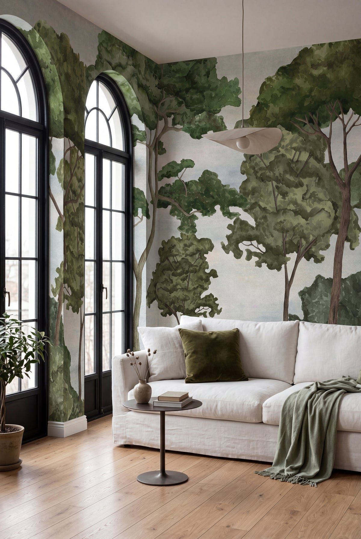 Tree Parade wall mural by Rebel Walls in Green, styled room