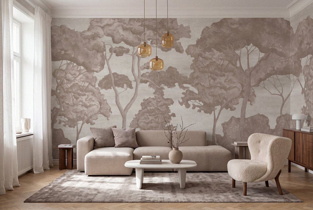 Tree Parade wall mural by Rebel Walls in Beige, styled room