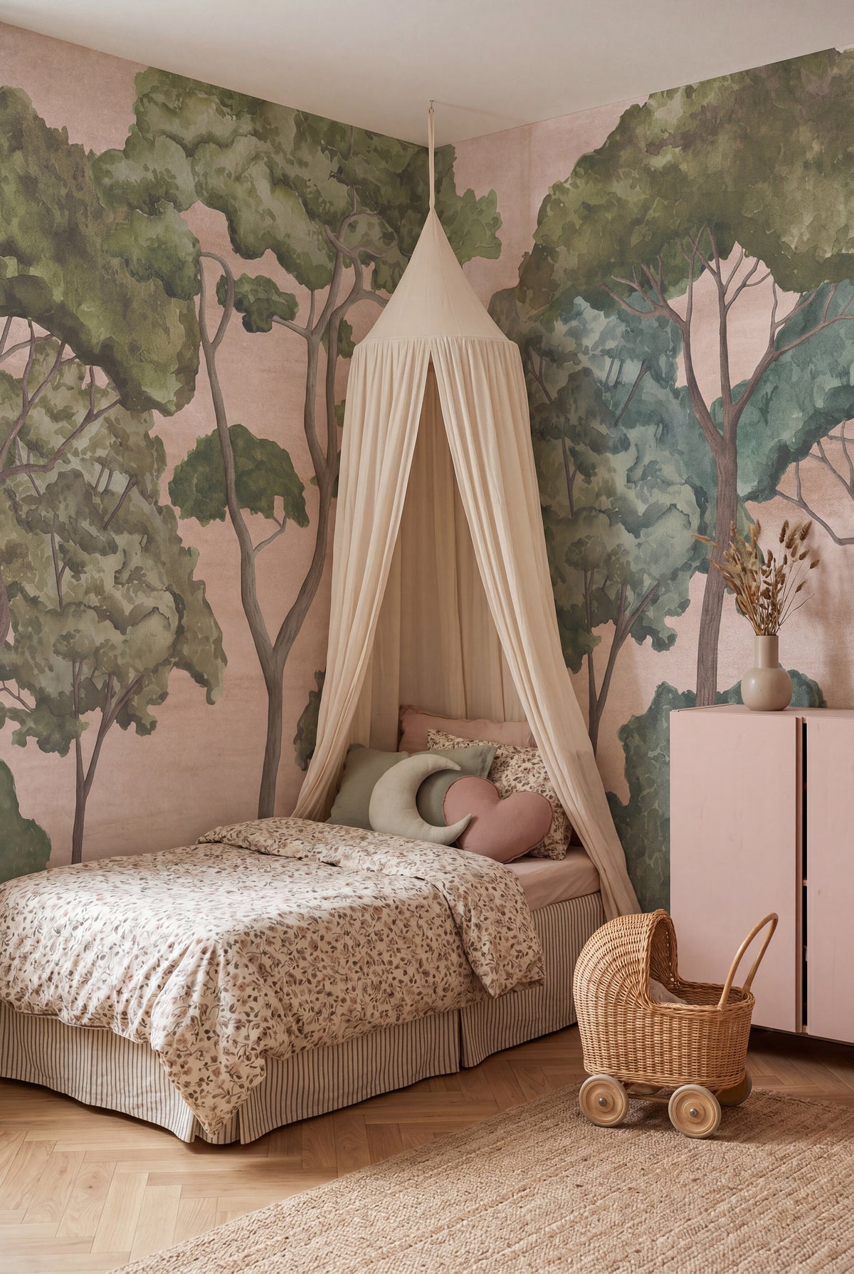 Tree Parade wall mural by Rebel Walls in Pink, styled room