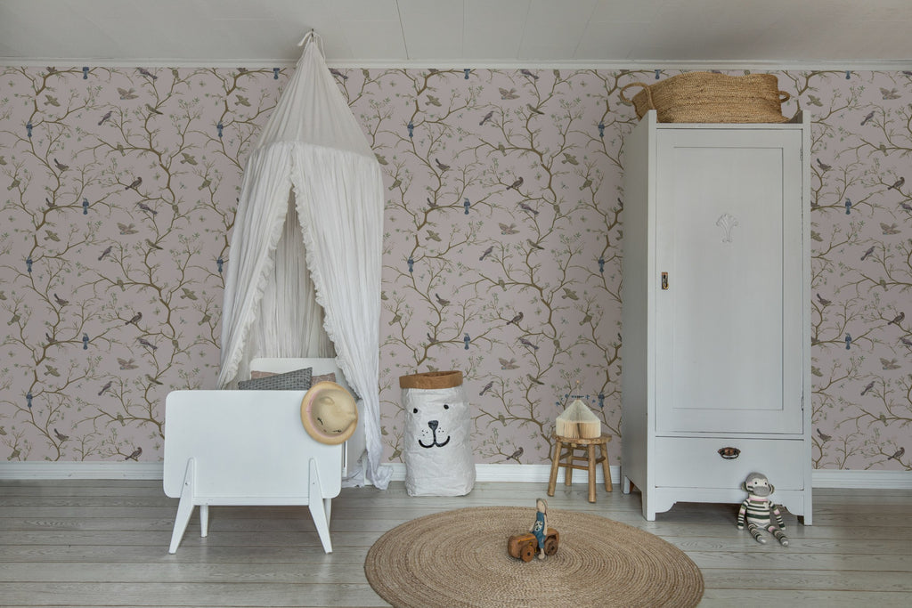 Bird Chinoiserie wall mural by Rebel Walls in Pink, styled room