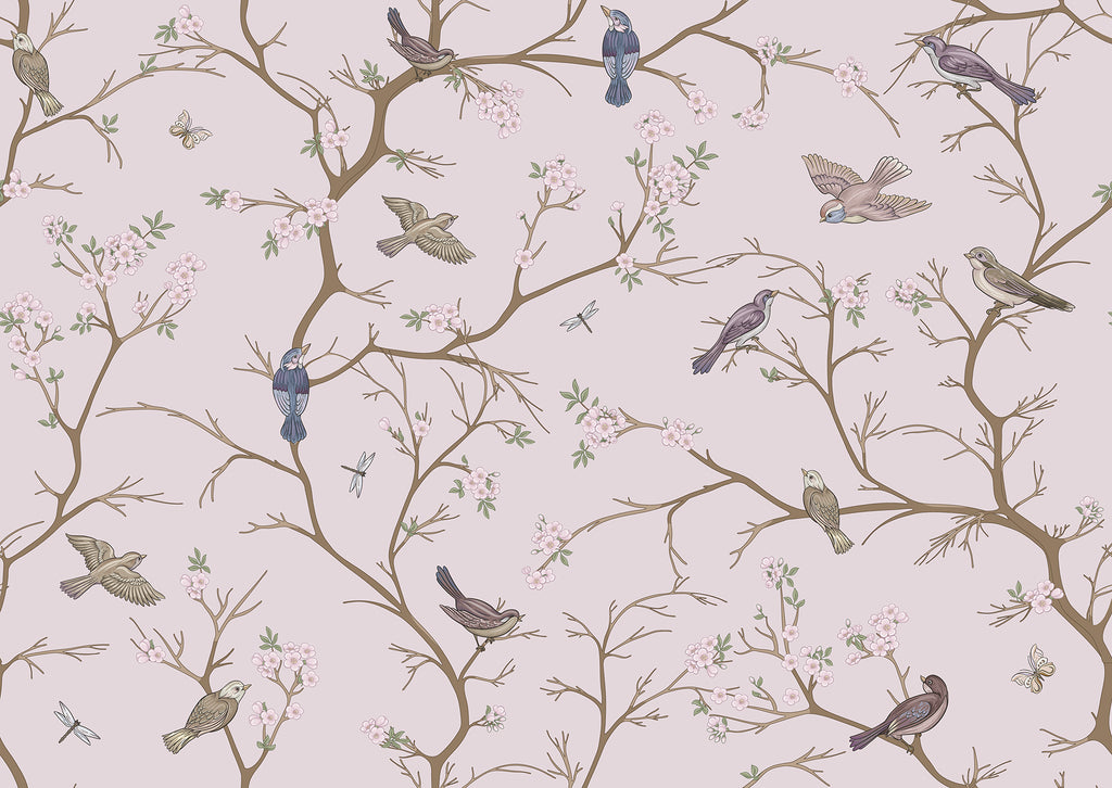 Bird Chinoiserie wall mural by Rebel Walls in Pink, flat swatch