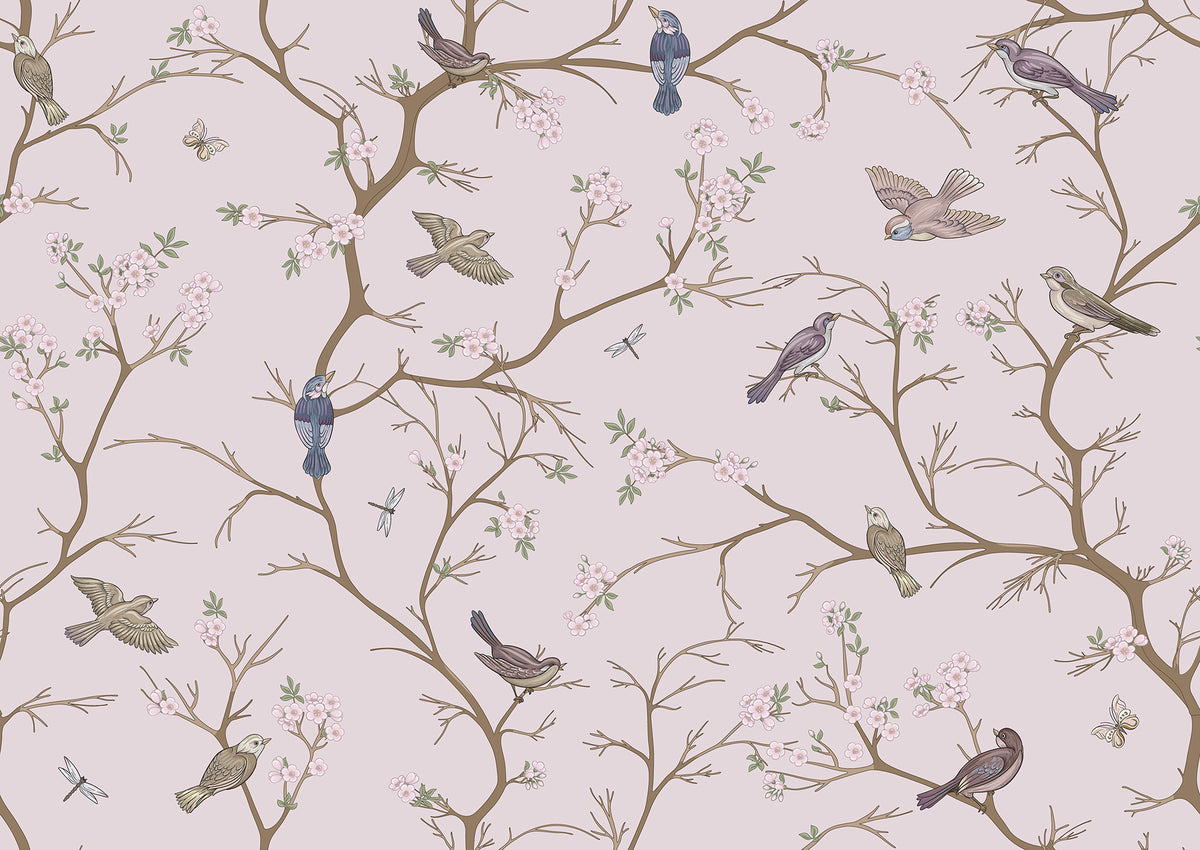 Bird Chinoiserie wall mural by Rebel Walls in Pink, flat swatch