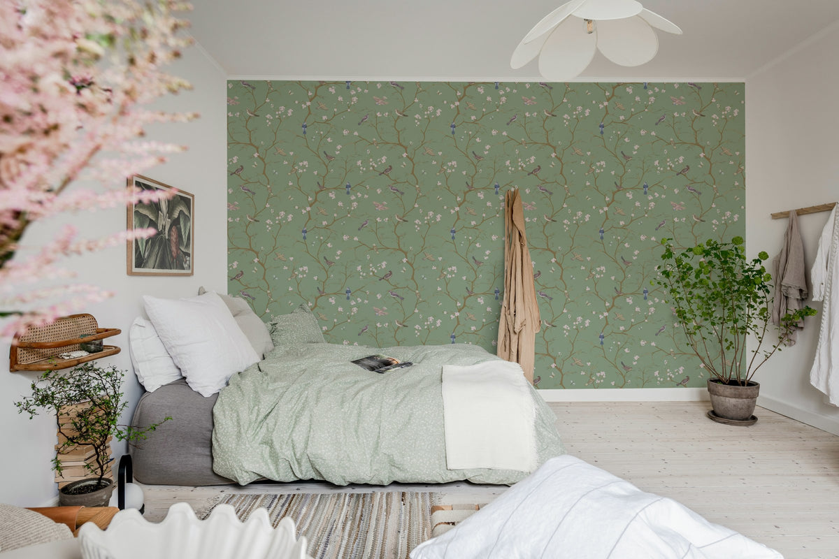 Bird Chinoiserie wall mural by Rebel Walls in Green, styled room
