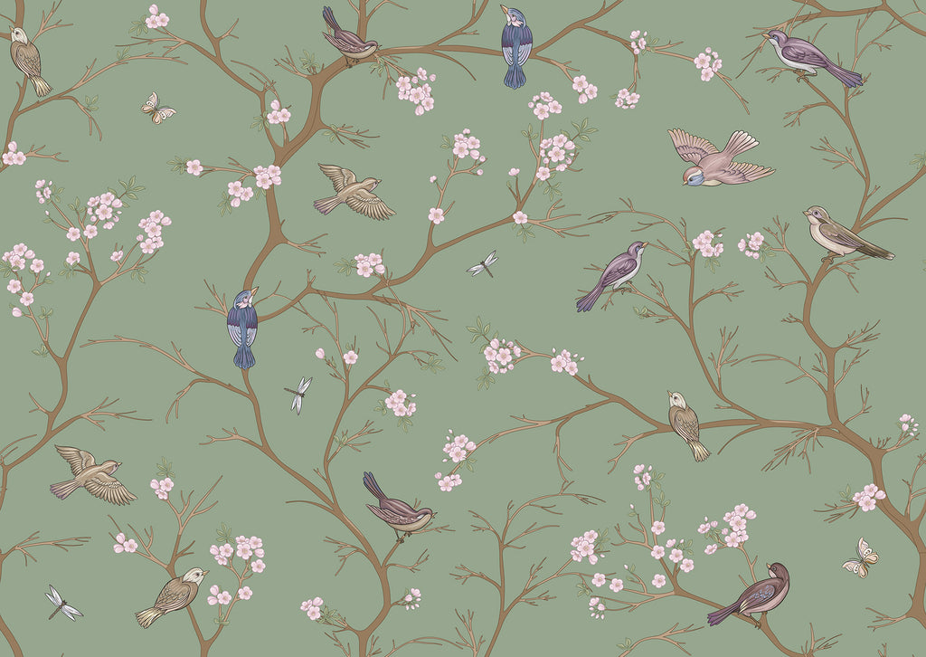 Bird Chinoiserie wall mural by Rebel Walls in Green, flat swatch
