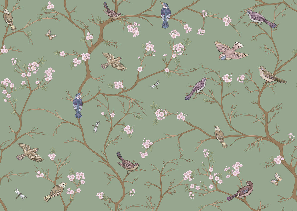 Bird Chinoiserie wall mural by Rebel Walls in Green, flat swatch