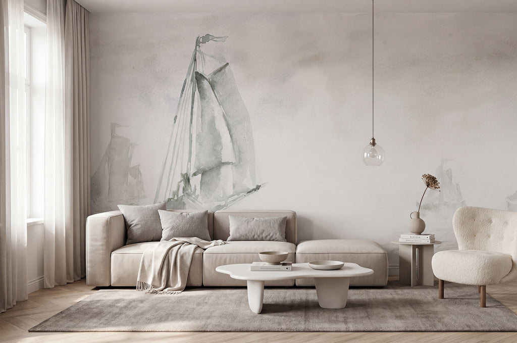 Sailing Boat wall mural by Rebel Walls in Grey, styled room