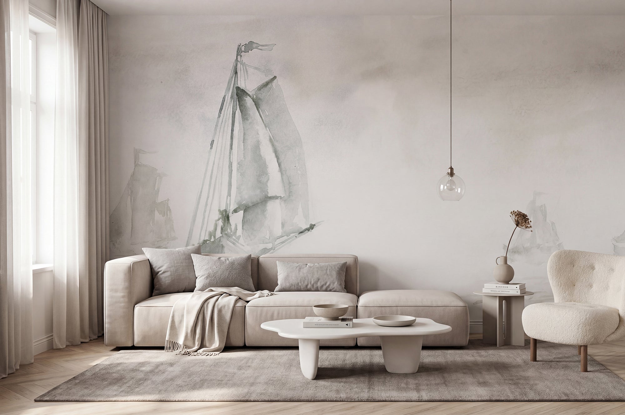 Sailing Boat wall mural by Rebel Walls in Grey, styled room