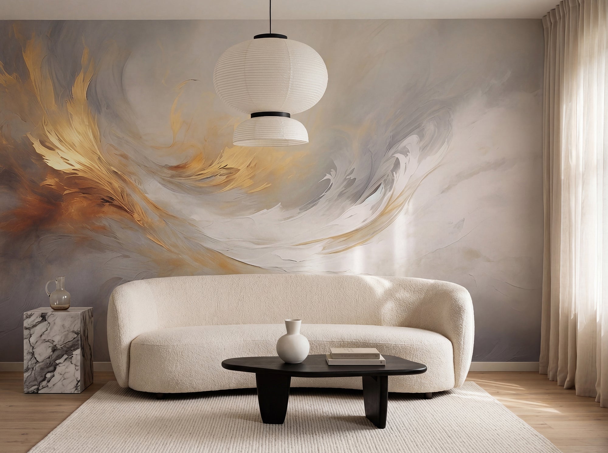 Aqua Flow wall mural by Rebel Walls in Gold, styled room