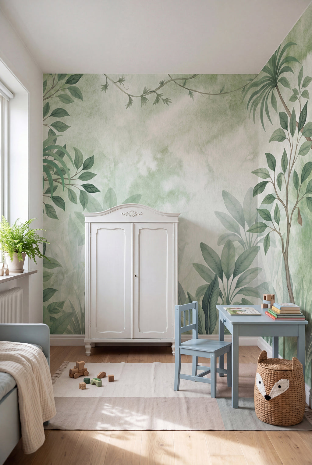 Leafy Greenery wall mural by Rebel Walls in Green, styled room