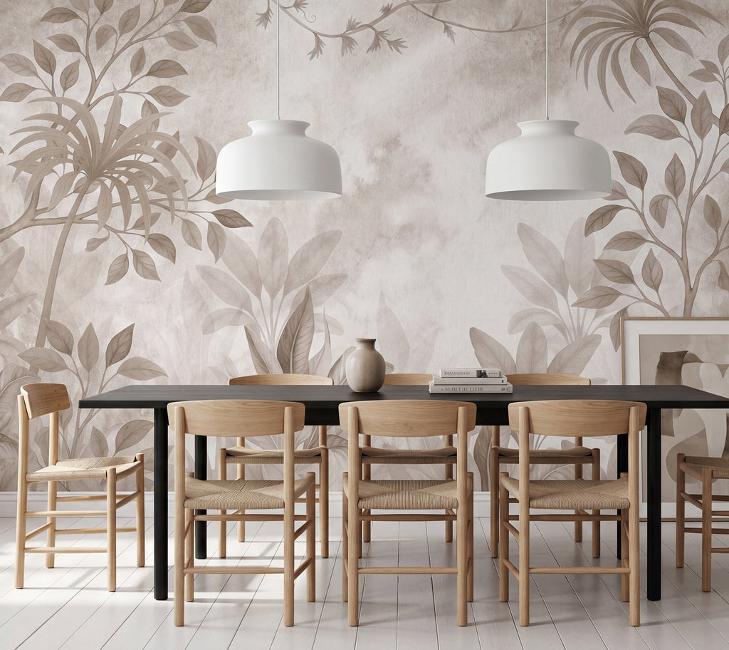 Leafy Greenery wall mural by Rebel Walls in Beige, styled room