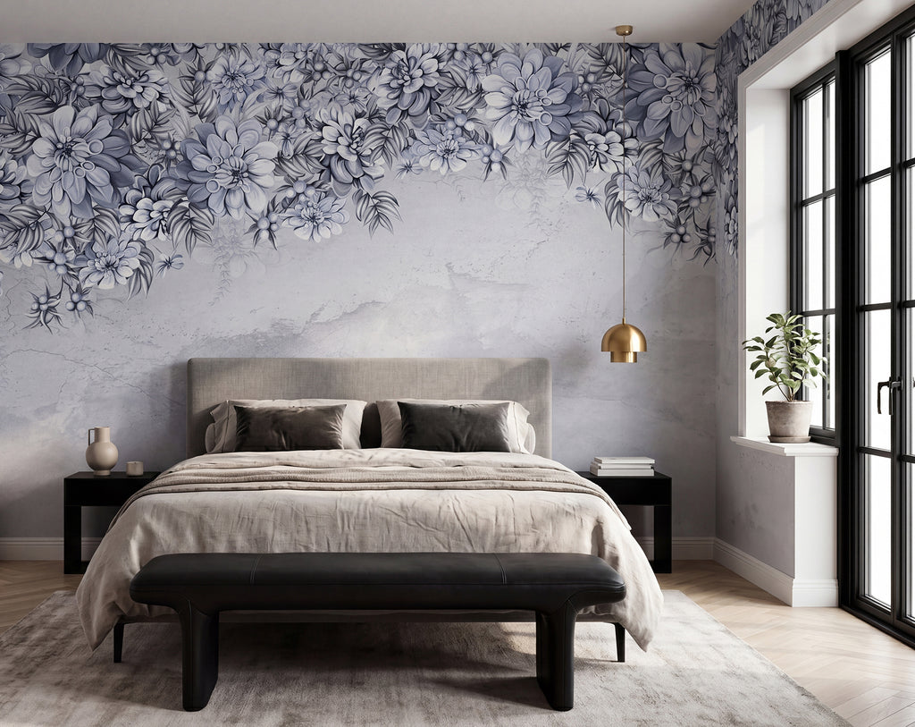 Serene Blossoms wall mural by Rebel Walls in Blue, styled room