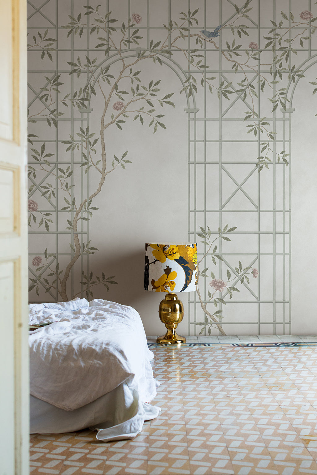 Chinoiserie Trellis wall mural by Rebel Walls in Beige, styled room
