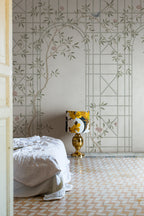 Chinoiserie Trellis wall mural by Rebel Walls in Beige, styled room