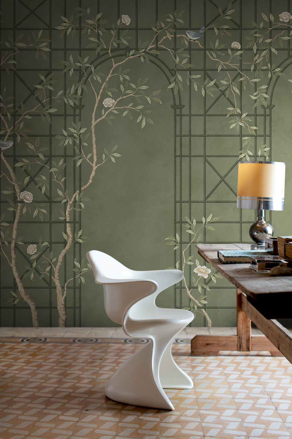 Chinoiserie Trellis wall mural by Rebel Walls in Green, styled room