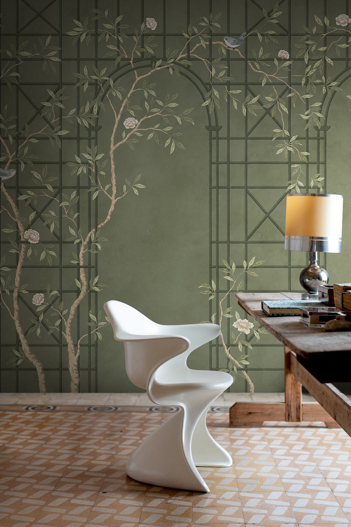 Chinoiserie Trellis wall mural by Rebel Walls in Green, styled room