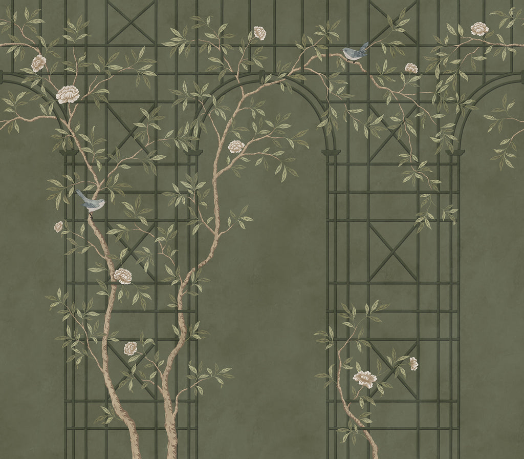 Chinoiserie Trellis wall mural by Rebel Walls in Green, flat swatch