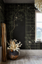 Chinoiserie Trellis wall mural by Rebel Walls in Black – Dark, styled room