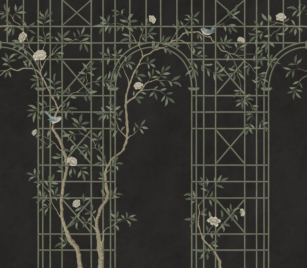Chinoiserie Trellis wall mural by Rebel Walls in Black – Dark, flat swatch