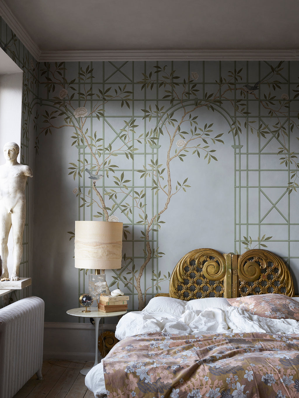 Chinoiserie Trellis wall mural by Rebel Walls in Blue, styled room