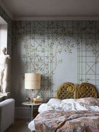 Chinoiserie Trellis wall mural by Rebel Walls in Blue, styled room