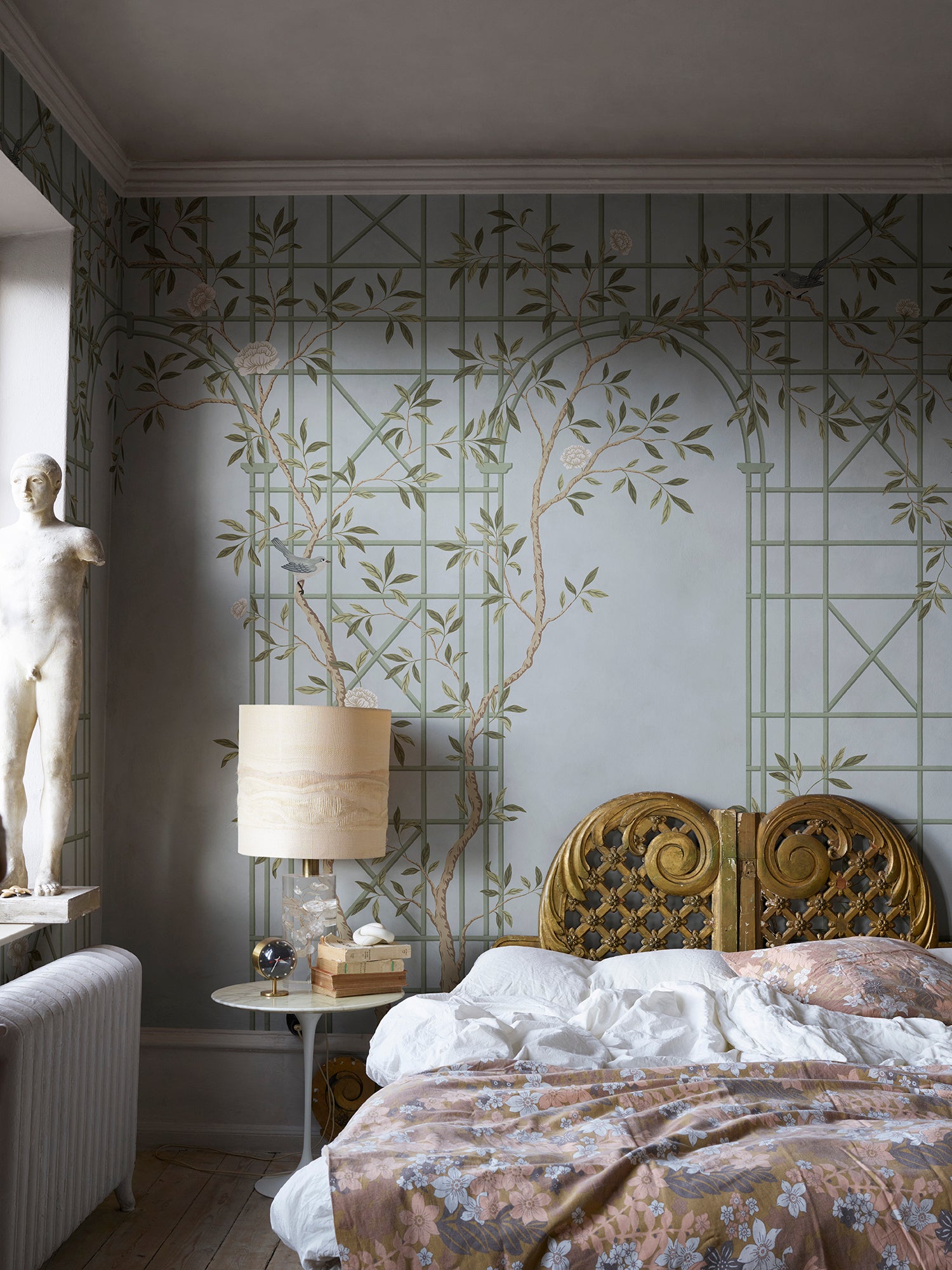 Chinoiserie Trellis wall mural by Rebel Walls in Blue, styled room