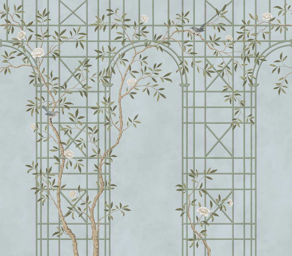 Chinoiserie Trellis wall mural by Rebel Walls in Blue, flat swatch