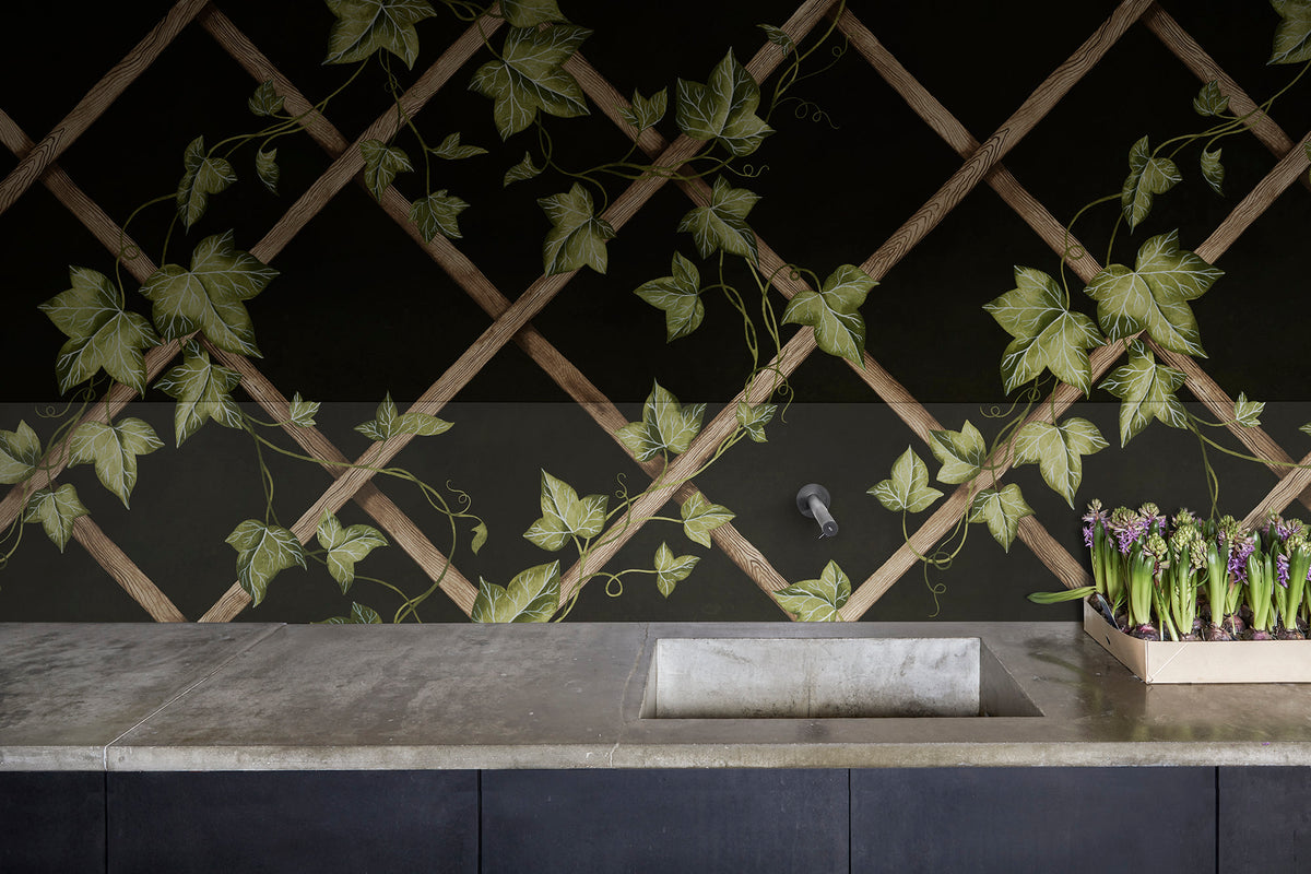 Ivy Trellis wall mural by Rebel Walls in Black, styled room